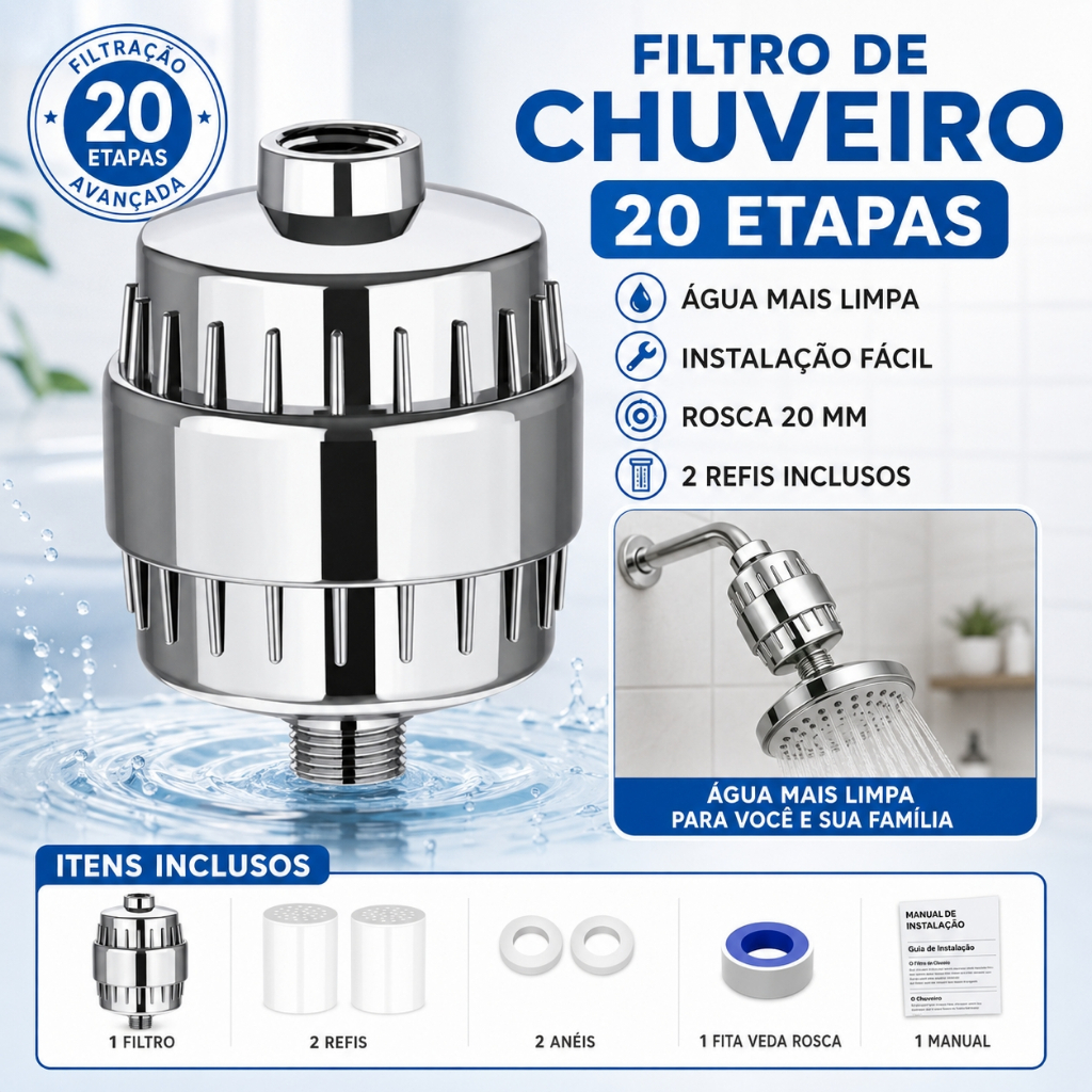 Filtro De Chuveiro 20 Camadas Com 2 Refis Purificador De Água Para Banho Fácil Instalação