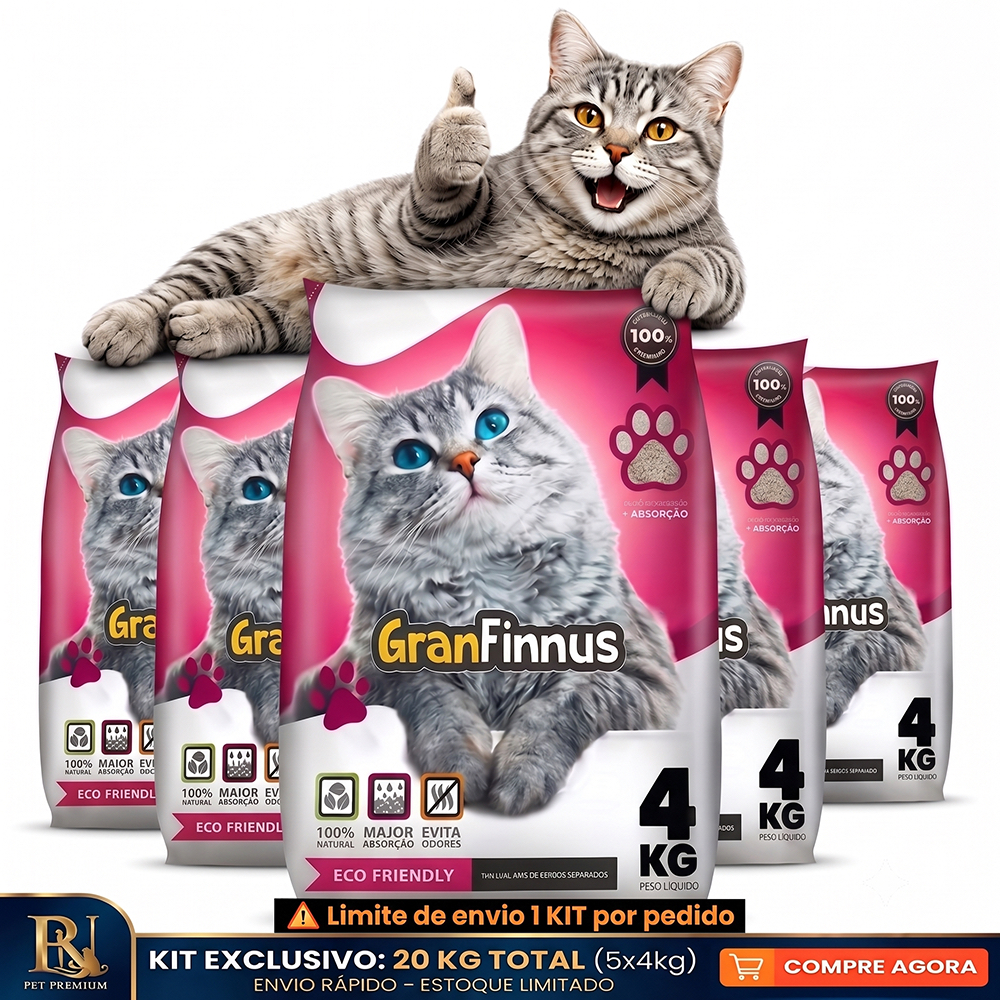 Kit 5 Areia Sanitária Higiênica Argila Natural para Gatos Grãos Granfinnus Extra Refinados 20 kg