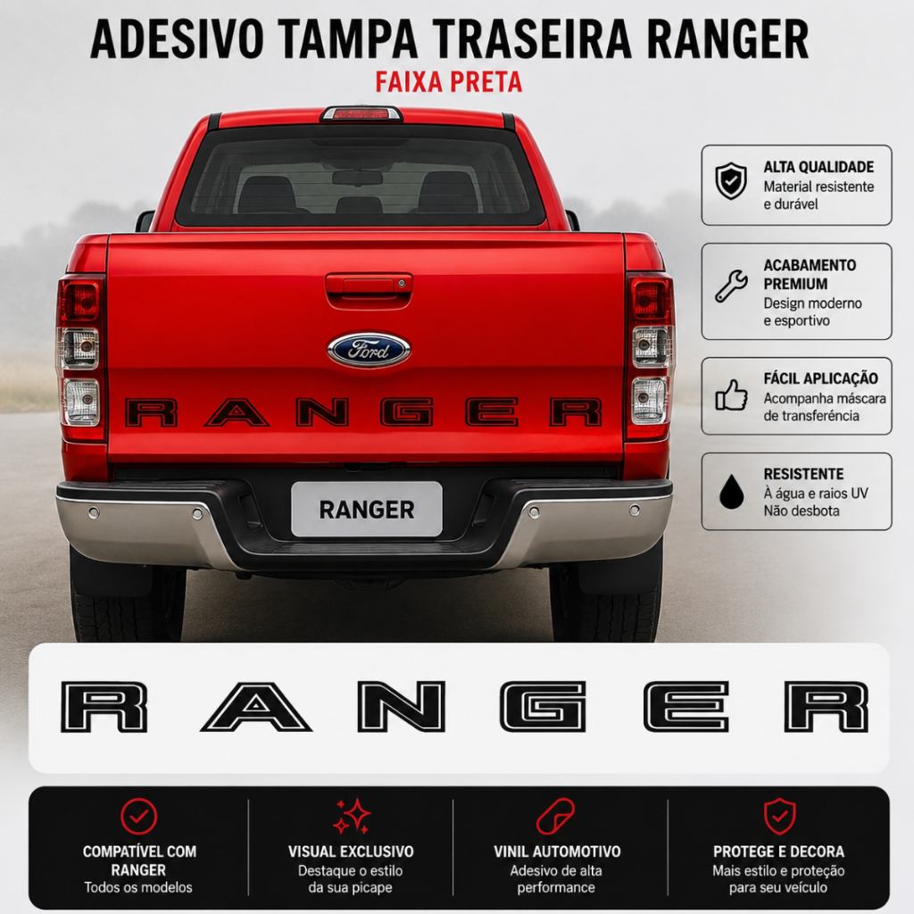 Faixa Tampa Traseira Ranger 2020 2021 2022 Adesivo Caçamba Preto
