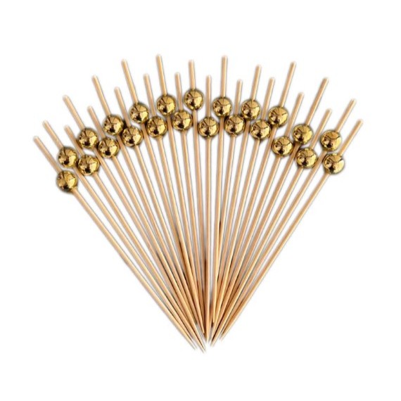 Kit 100 Palitos de Bambu Para Petisco Decorado Bolinha dourada 12cm