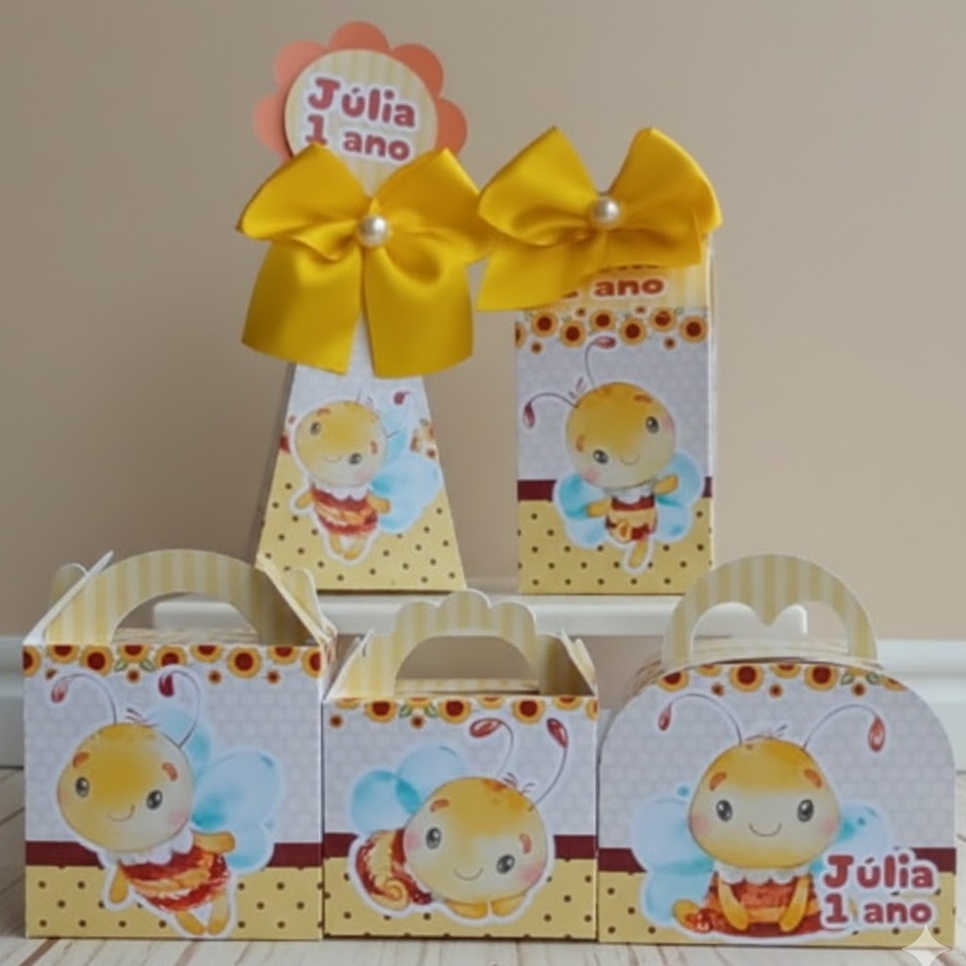 KIT PEGUE E MONTE – CAIXINHAS PERSONALIZADAS PARA LEMBRANCINHAS DE FESTA INFANTIL ABELHINHA AQUARELA