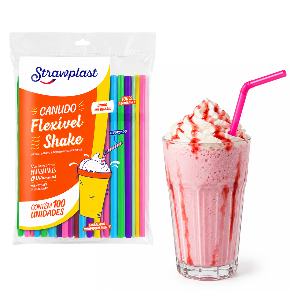 Kit 100 Canudos Flexível Para Shake Strawplast Colorido Plástico Resistente Premium Drink Milk Shake