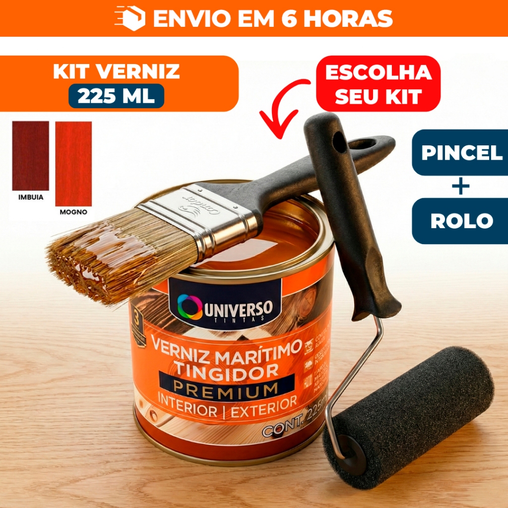 Imagem Verniz Maritimo Universo 225ml Madeira Rolinho Pincel Brilhante Móveis Porta Janela Interno Externo