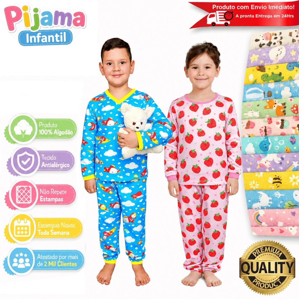 Pijama Infantil 100% Algodão Estampado Menino Menina Criança Manga Longa Calça