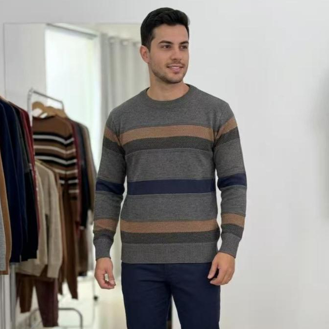 Sueter tricot masculino casaco blusa de frio gola redonda manga longa blusa Calor