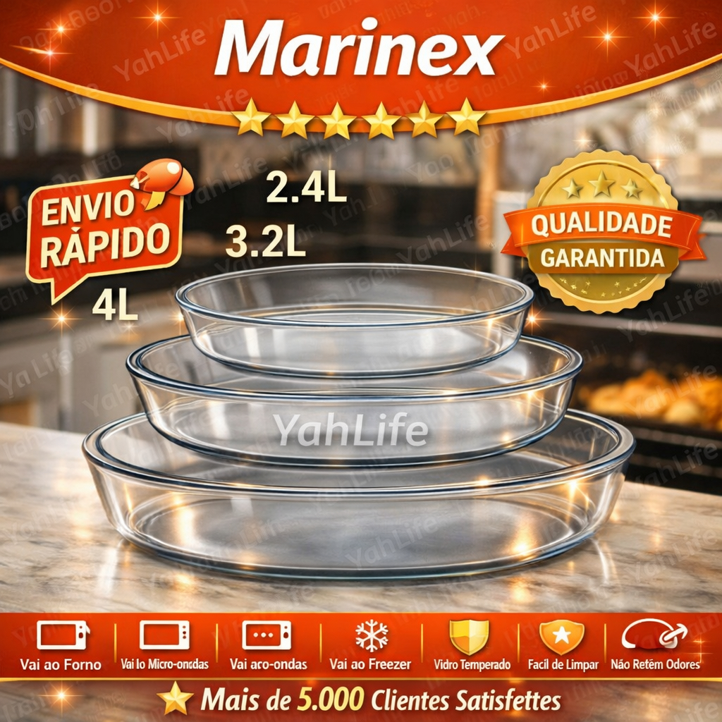 Kit Conjunto Travessas Vidro Assadeira Marinex Celebrity 3 Peças 2.4L 3.2L e 4L Transparente Oval