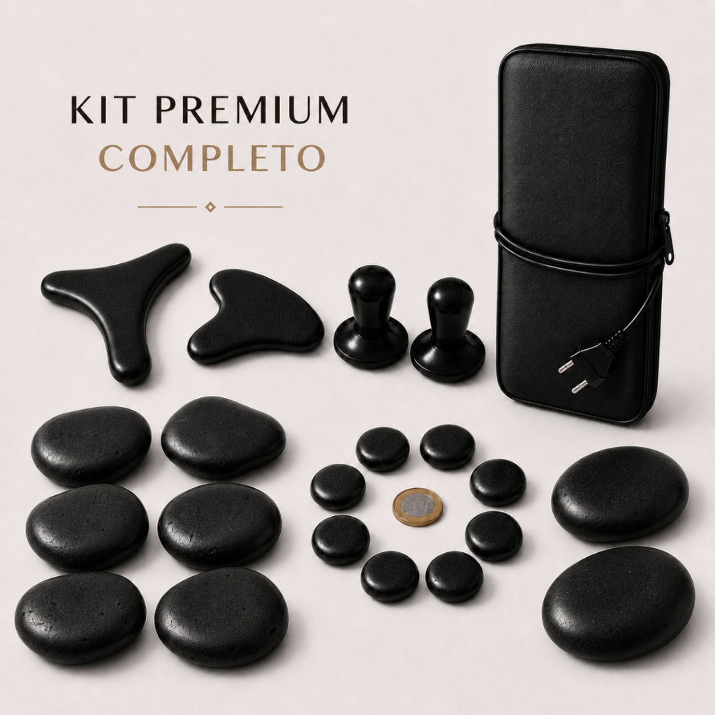 Kit Premium 12 Pedras Vulcanicas + 10 Podais  + Bolsa Térmica + Pantalinha + Guasha + 2 Cogumelo