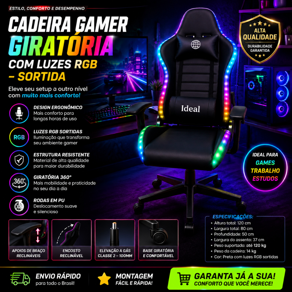 Cadeira Escritório Gamer Estofada Giratória Suporte Lombar e Cervical Ajuste Regulagem Luzes Led RGB