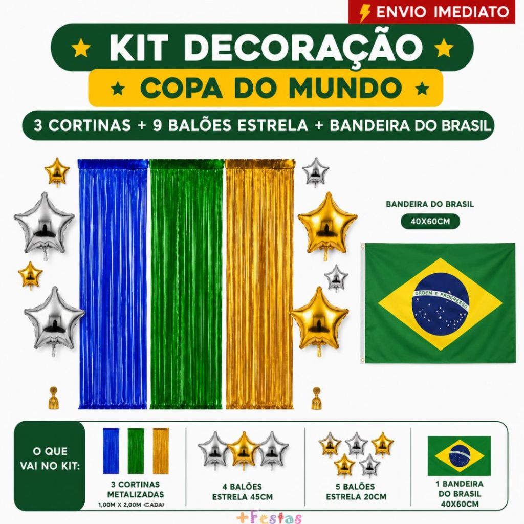 Kit 3 Cortinas + 9 Balões Estrela + Bandeira do Brasil Grande Decoração Copa Brasil Eventos Escolas