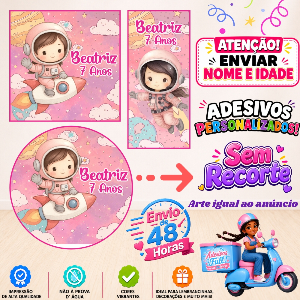 Astronauta Menina - 100/60/40 Adesivos Personalizados Lembrancinhas Festa Aniversário