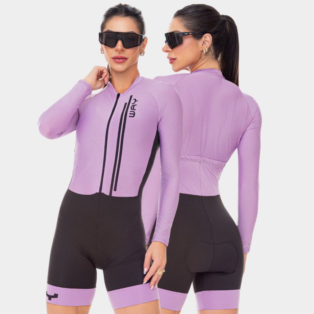 Macaquinho Ciclismo Feminino Macacão Manga Longa Forro Gel Acolchoado Roupa Peda