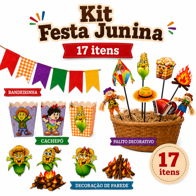 Kit Festa Junina Decoração 17 Itens Bandeirinhas Cachepô Palitos Decorativos e Painel