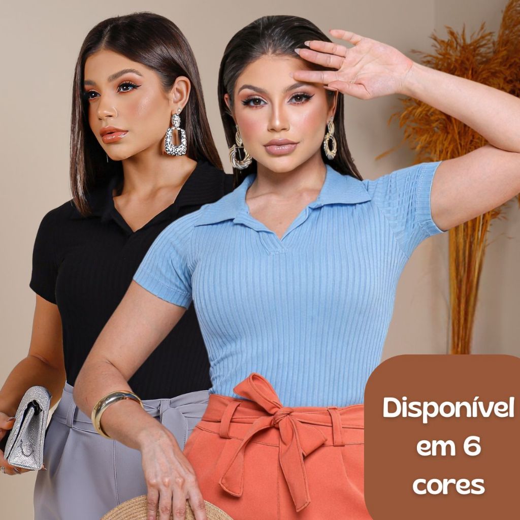 Blusa Feminino Gola Polo Ribana Canelada Ajustado com Elastano Manga Curta