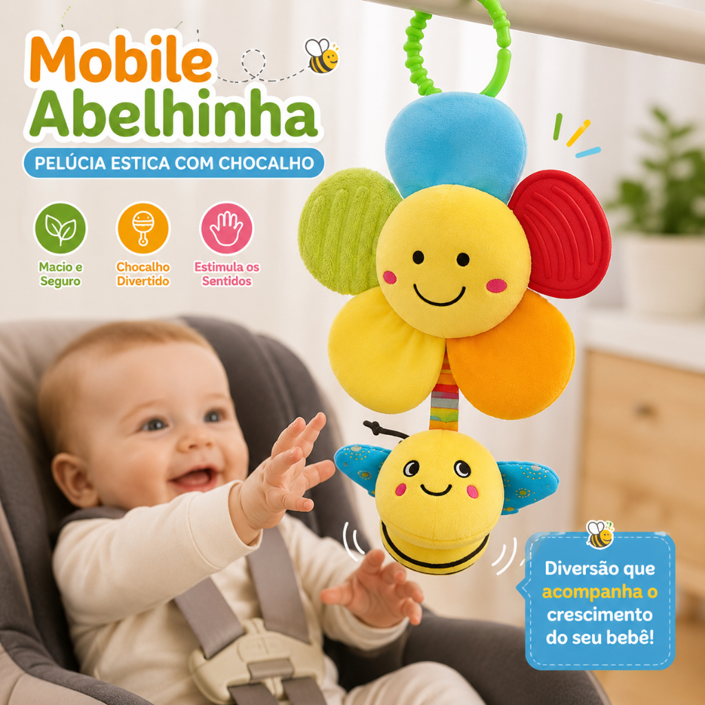 Mobile Abelhinha Pelúcia Estica com Chocalho Mordedor Brinquedo Sensorial Crianças e Bebês