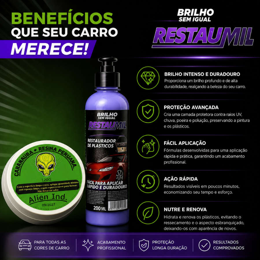 Kit Cera Automotiva Alien Carnaúba Espelhamento Cerâmico Polimento + Restaurador de Plásticos