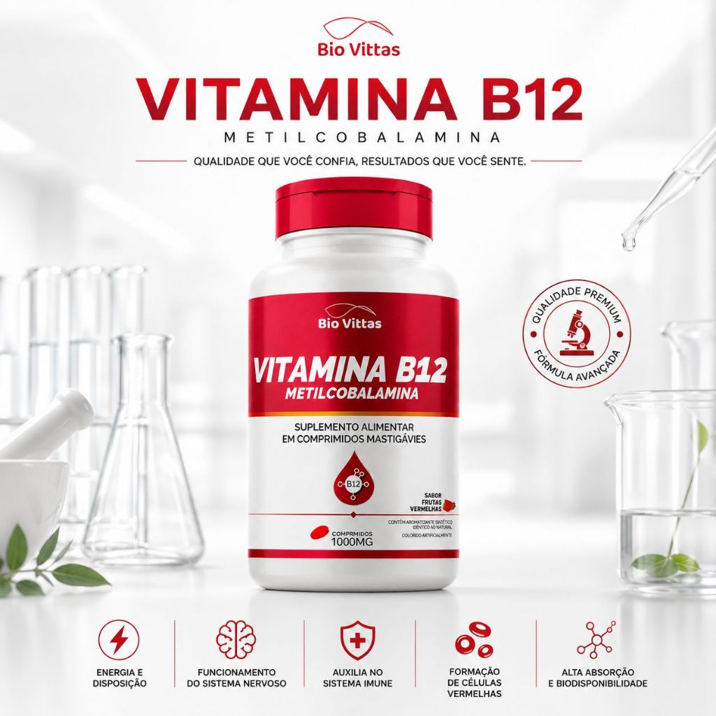 Vitamina B12 Metilcobalamina 120 Comprimidos Mastigável Saúde e Energia - Bio Vittas