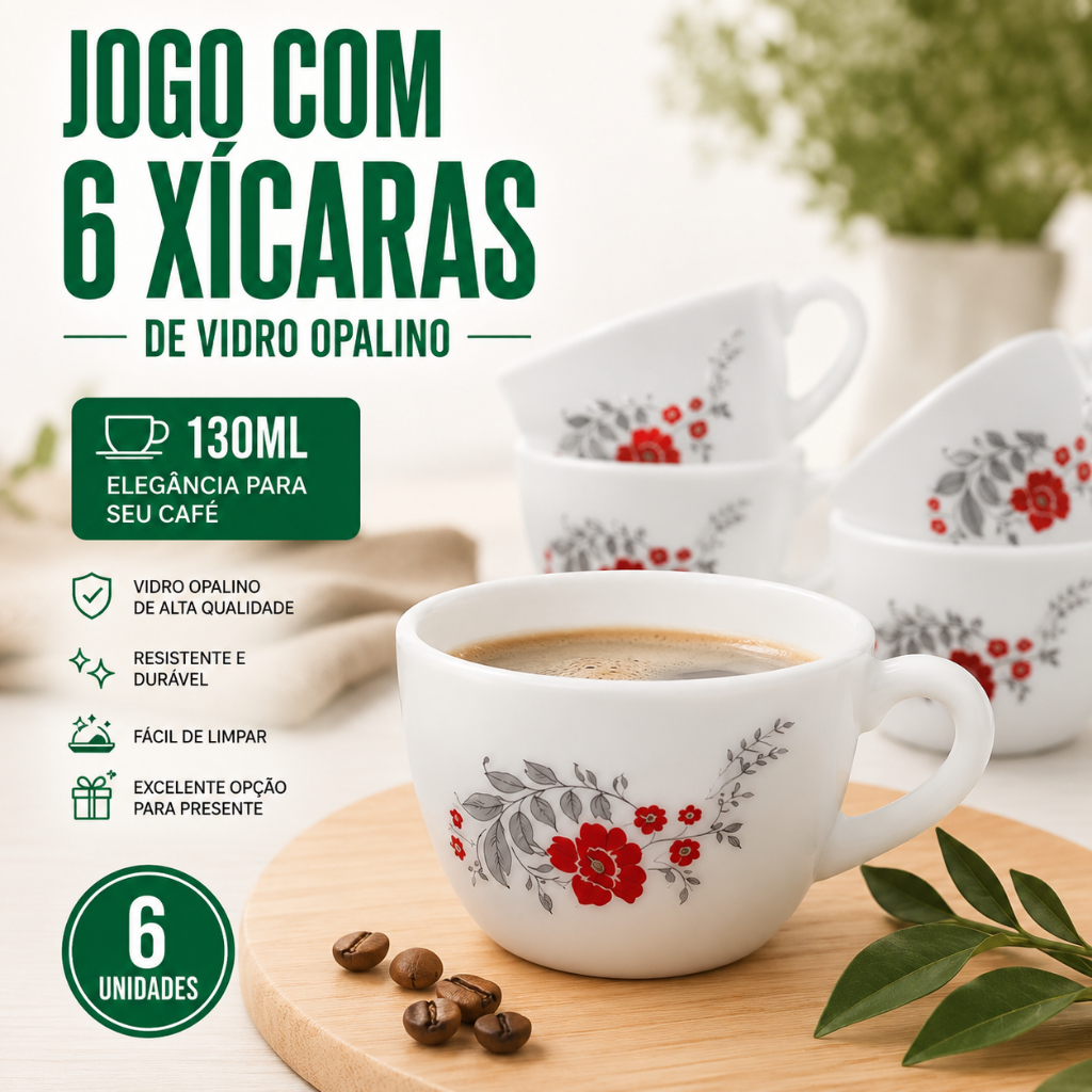 Jogo 6 Xícaras Chá Com Pires 220ml Vidro Opaline Café Mesa Posta Conjunto 6 Xícaras Sem Pires 130ml