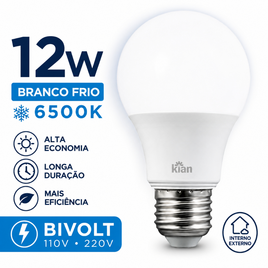 Lâmpada Bulbo Led 12w Branco Frio 6500k Bivolt Kian Luz Branco-frio 110v 220v Interno/externo bivolt