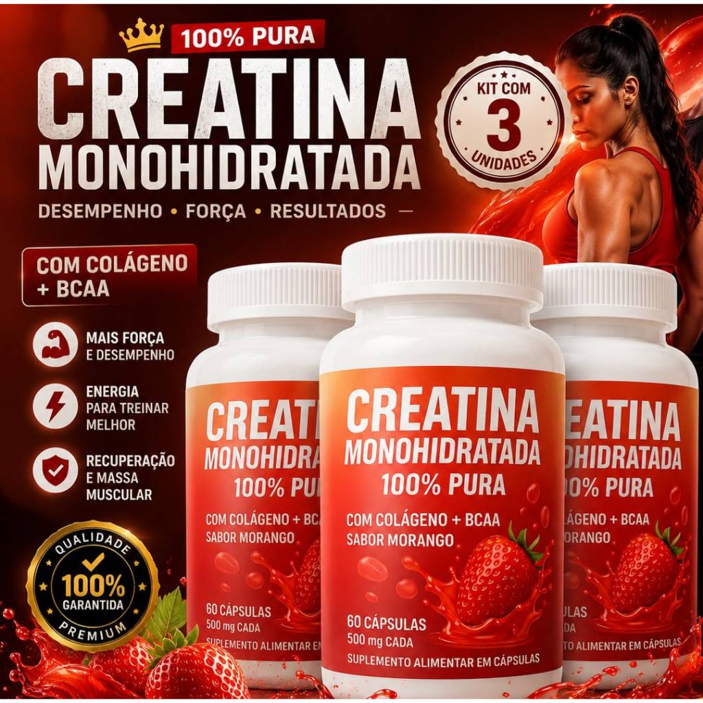 Kit 3 Creatina Feminina com Colágeno e BCAA - Sabor Morango - Ganho de Glúteos, Massa Muscular e Definição