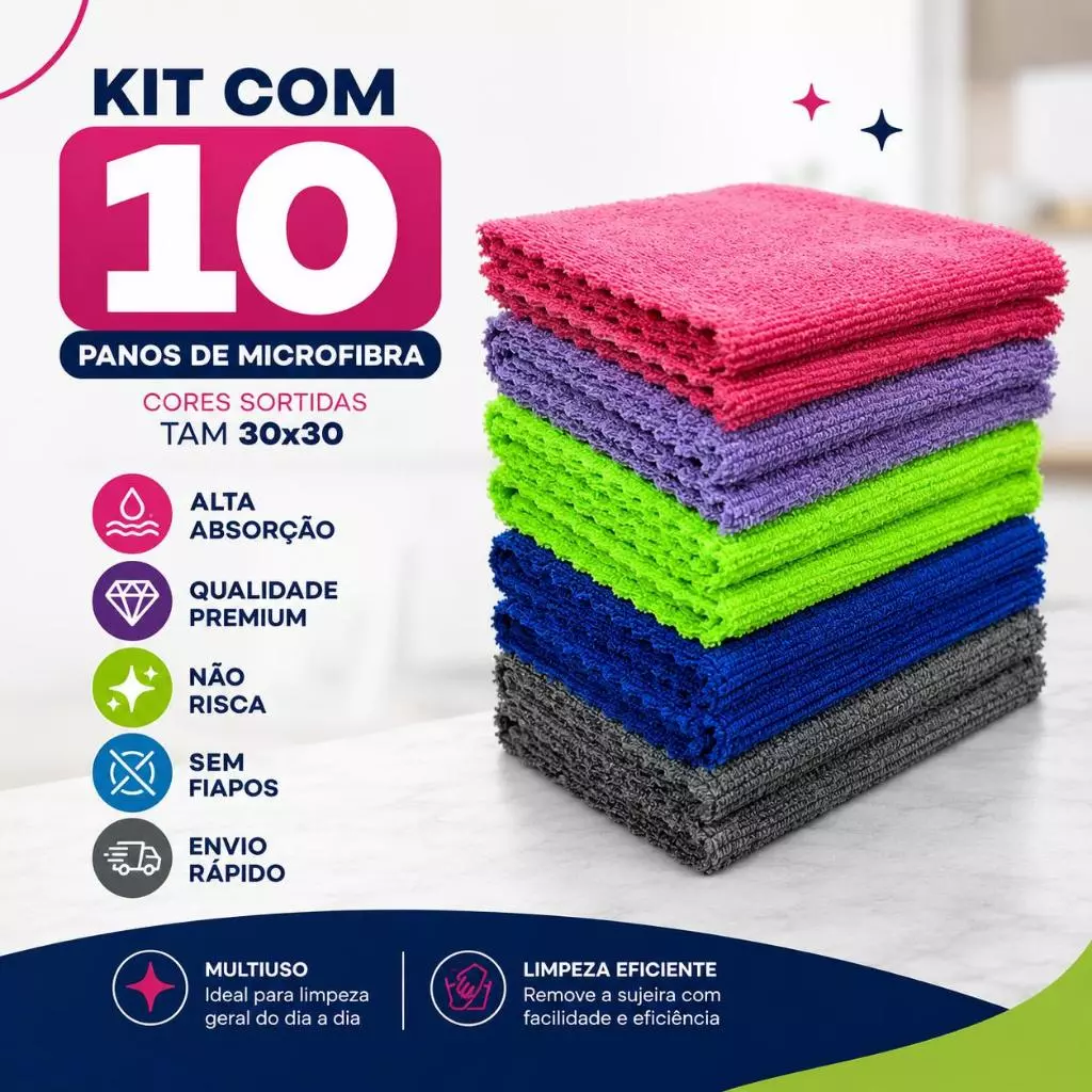 Kit 10 Panos Microfibra Alta Absorção Multiuso Não Risca Sem Fiapos Limpeza Casa Carro PM001-A — imagem 1