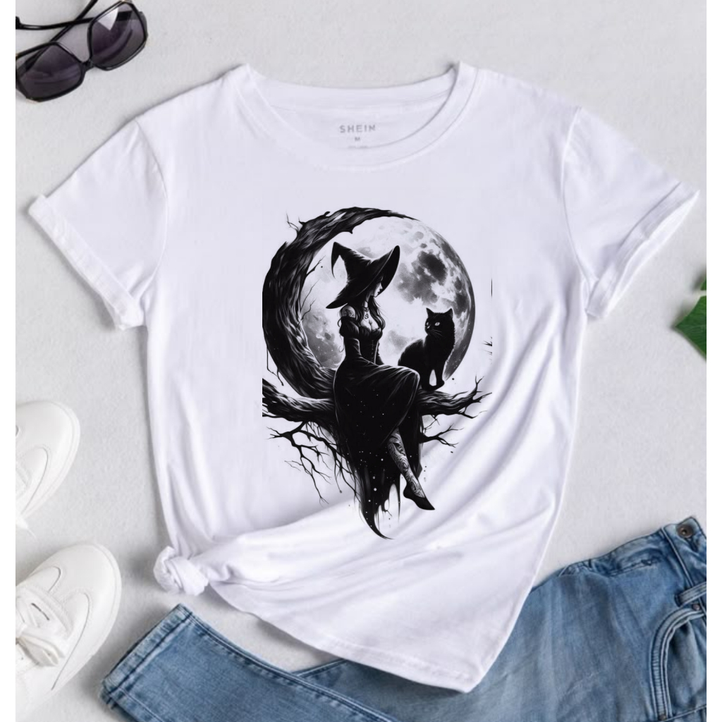 Camiseta blusa feminina BRUXA mística lua cheia noturna vassoura bruxinha fofa gato plus size