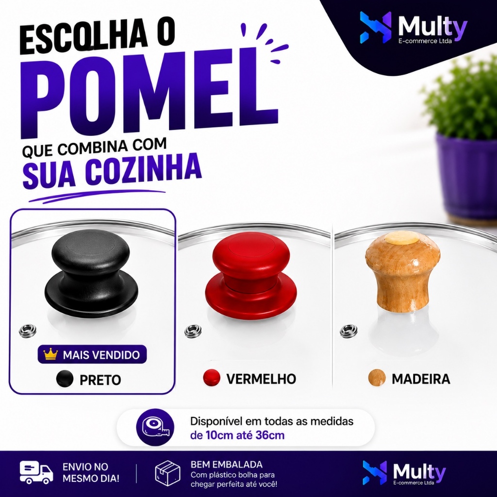 Tampa panela vidro diversos tamanhos universal borda inox puxador preto madeira vermelho