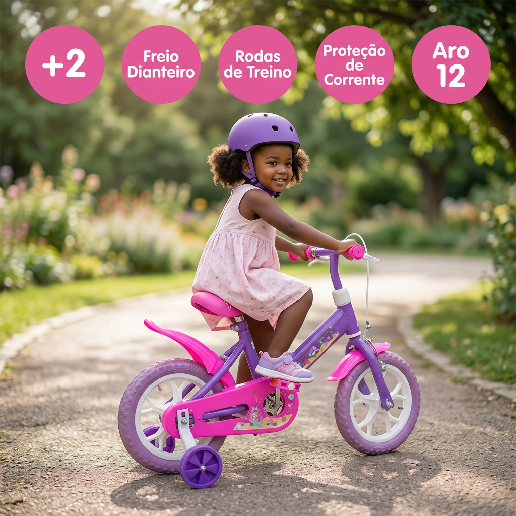 Bicicleta Infantil Menina Lilás Sereia Aro 12 Quadro em Aço A partir 2 anos até 35Kg Certif. INMETRO