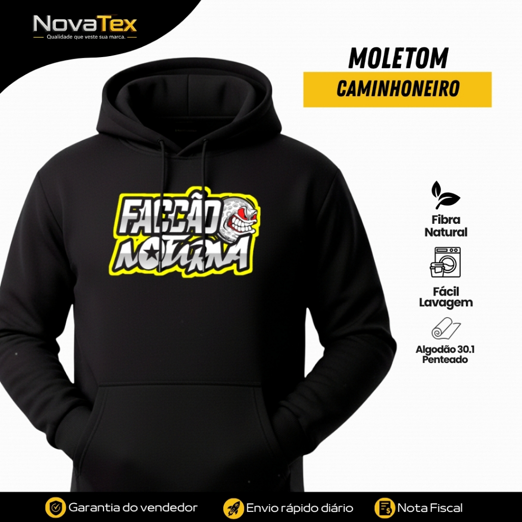 Moletom Facção Noturna Preto Caminhoneiro Masculino Blusa de Frio Estampa Caminhão