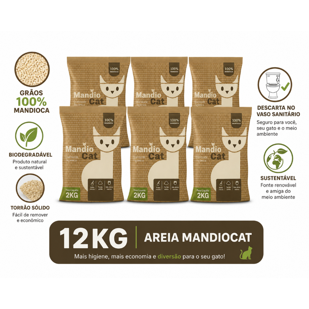 Areia MandioCat Biodegradável   Mandioca Grãos Finos  Areia de Gato FULL MAIS BARATA
