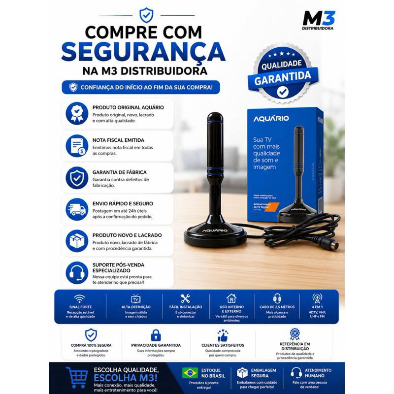 Antena Digital Interna 4 Em 1 Hdtv Vhf Uhf Fm DTV-100 Aquário