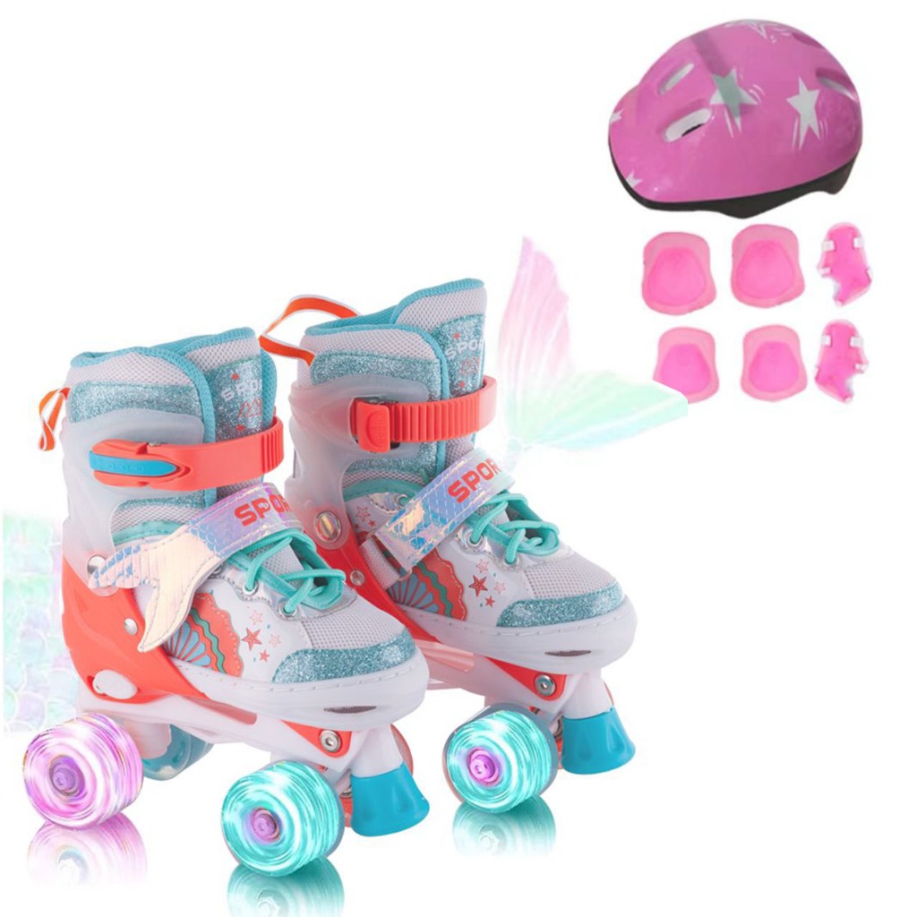 Patins Infantil 4  Rodas M 31-36 Rosa arco-íris Led + Proteção Ajustável Menina Patins Quad Promoção