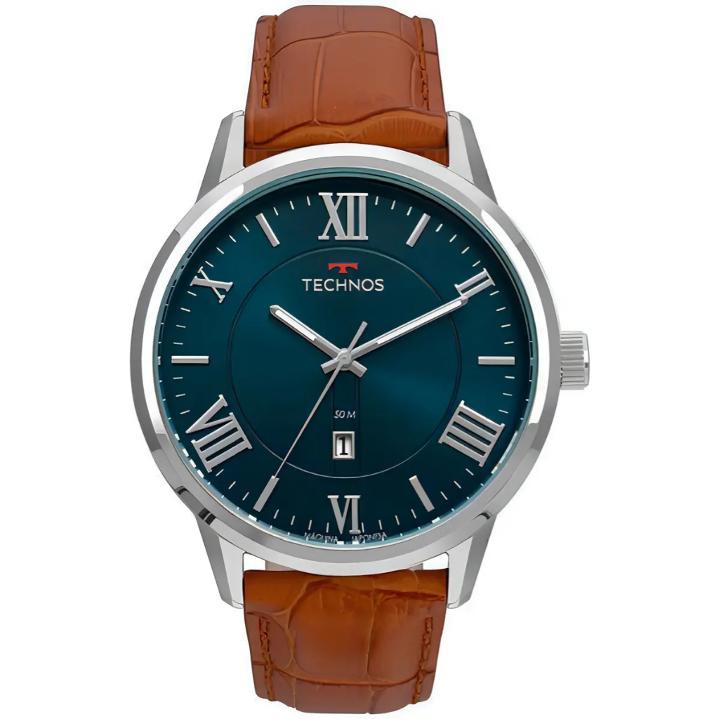Relógio Pulso Masculino Technos 2115MTXS0A Executive Prata Fundo Azul Analógico Pulseira Couro Prova D'água 50m