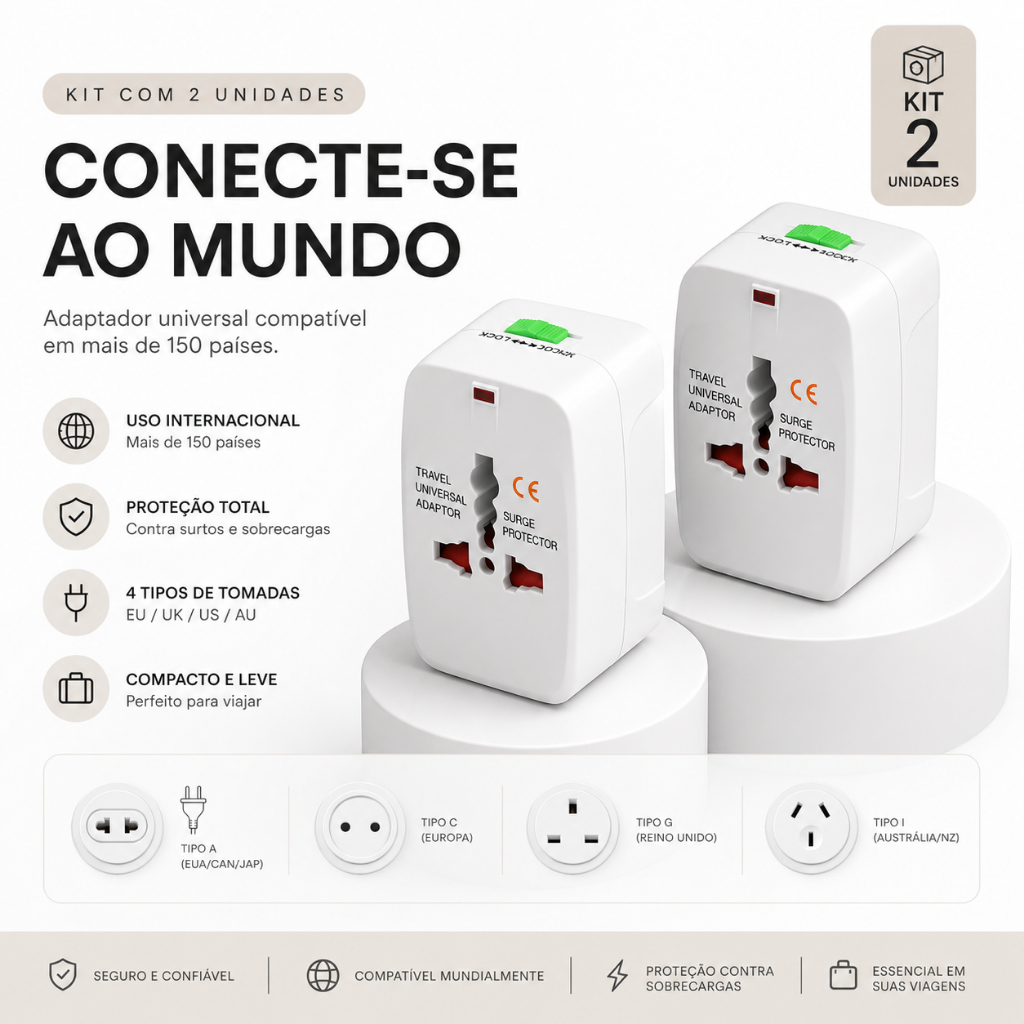 Kit 2 Adaptadores Universais de Tomada Internacional Viagem EUA Europa Reino Unido Austrália