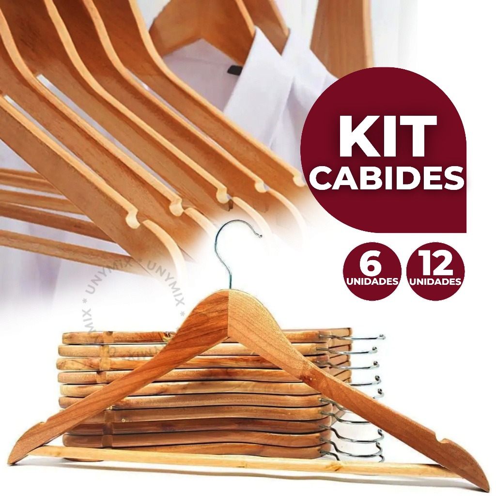 Kit 6/12 Cabides De Madeira Premium Marfim Para Roupas Calça Gancho Cromado