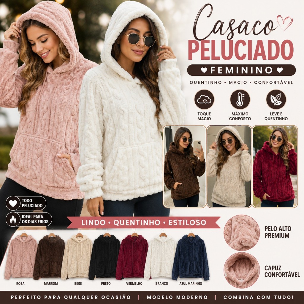 Casaco Peluciado Feminino Com Capuz Teddy Inverno Quentinho Macio Blusa de Frio Premium