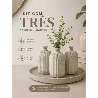 KIT 3 VASOS DECORATIVOS DE RESINA DESING MODERNO MINIMALISTA VASOS DE RESINA DECORAÇÃO CLEAN