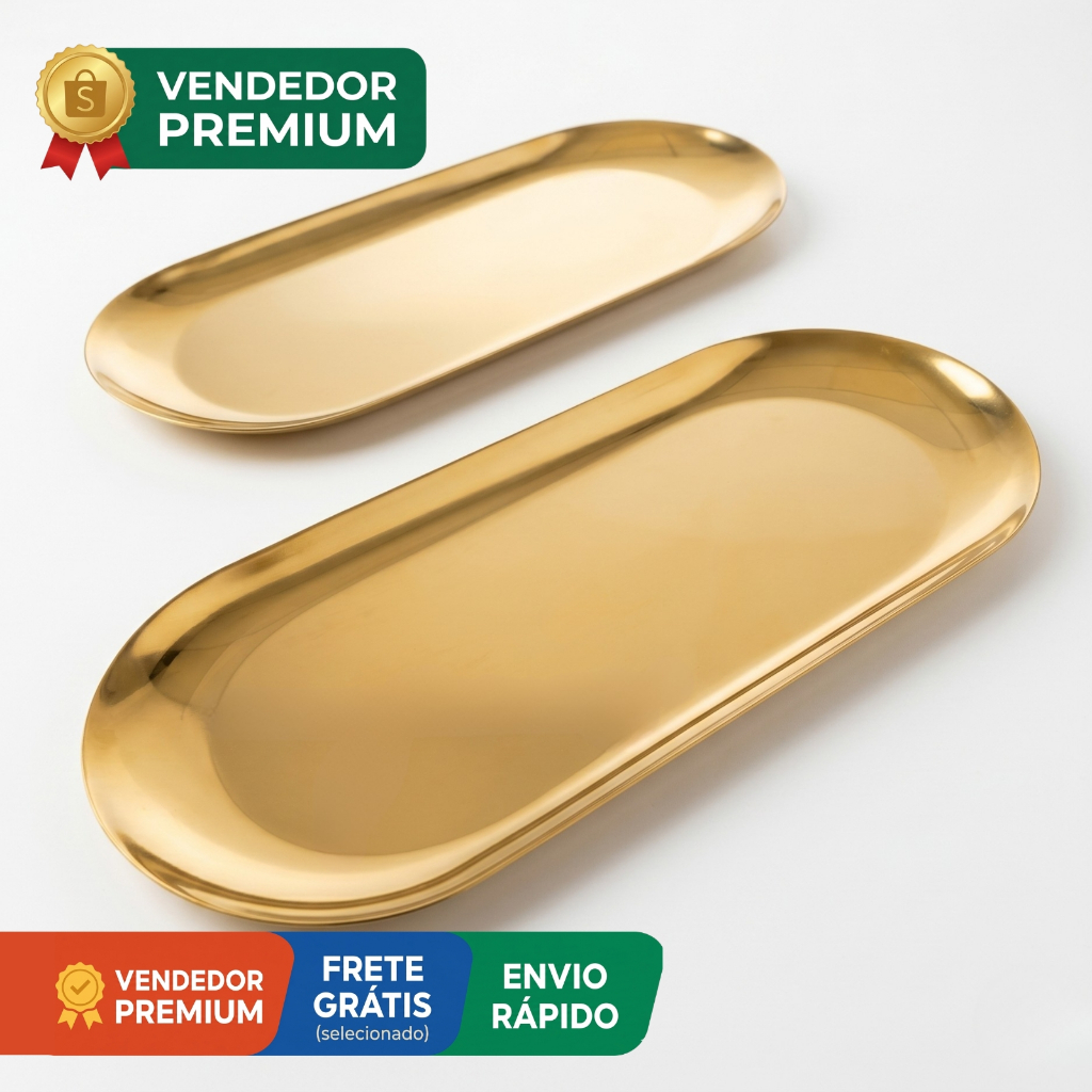 Kit 2 Bandeja Dourada Oval Luxo Espelhada Acessório Aço Inox Cozinha Banheiro Lavabo Toalete