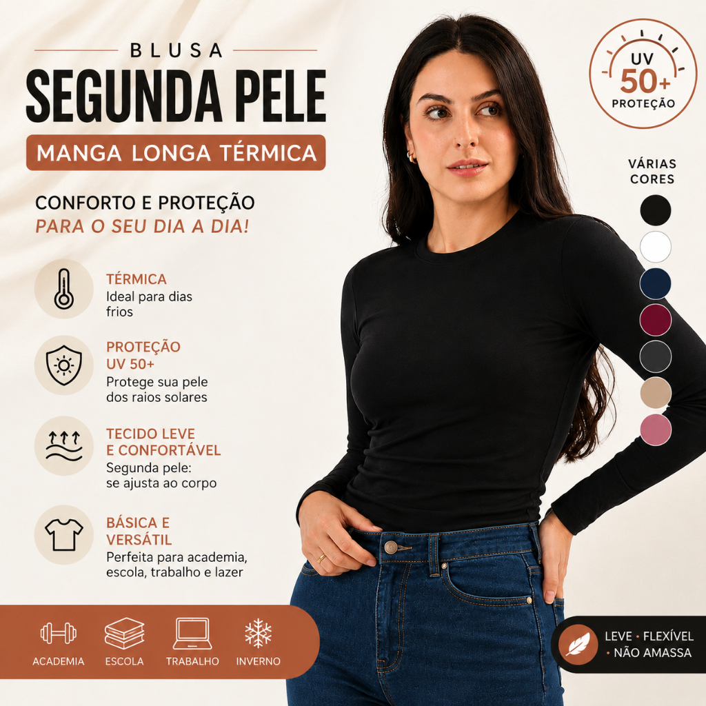Camiseta Básica Feminina Manga Longa Segunda Pele Proteção Solar UV 50+ Blusa Colada Lisa Academia