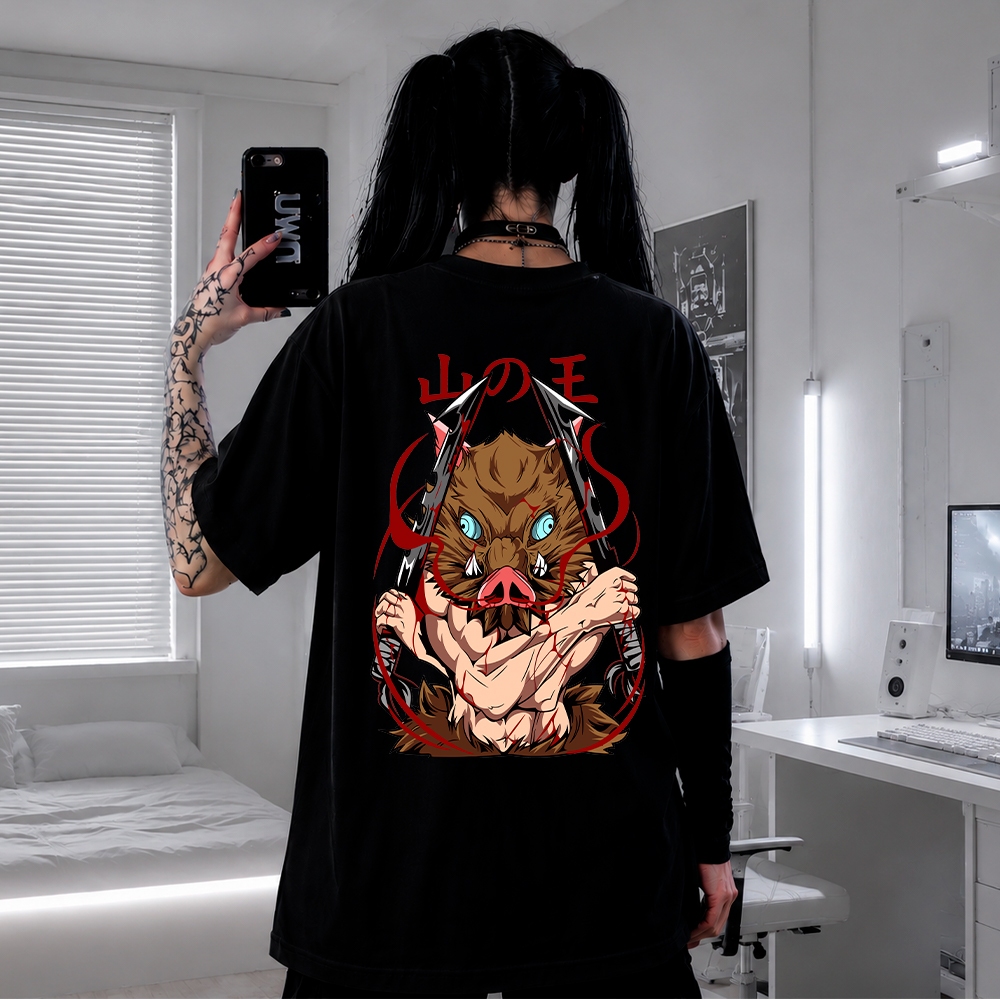 Camiseta Anime Oversized Streetwear manga Demon Slayer Inosuke Hashibira Academia  Casual