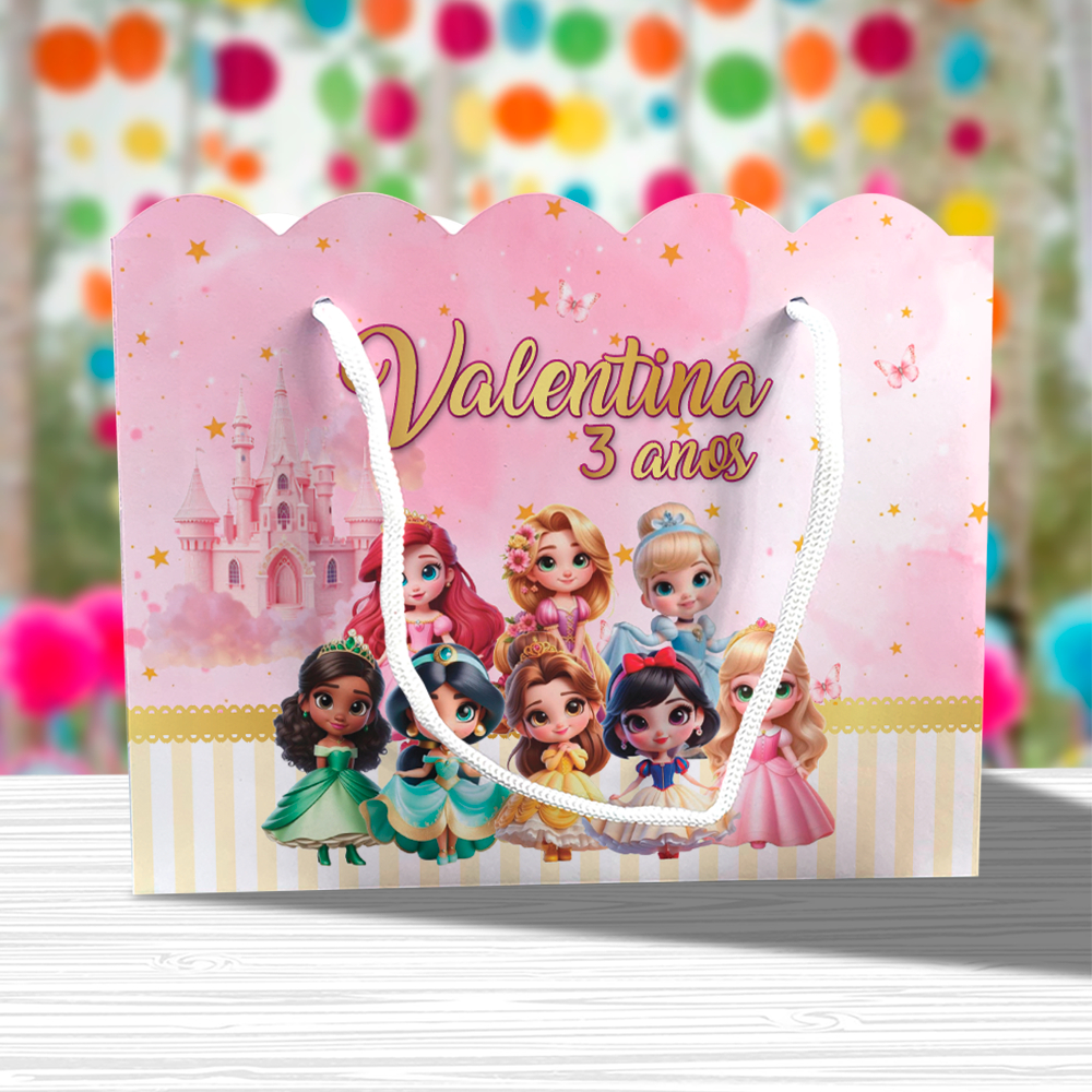 Sacolinha de Festa Princesas Cute Lembrancinha Personalizada Kit Festa Sacola Ondulada Princesa