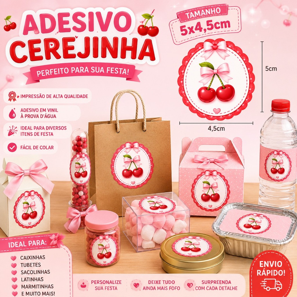 Adesivo Cerejinha 5x4,5cm Festa Infantil Personalizada Lembrancinha Decorativa Festa Cerejinha