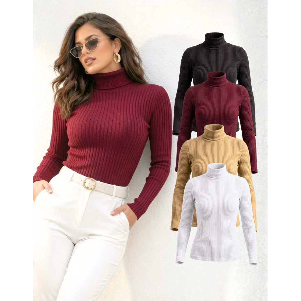 Blusa Feminina Gola Alta Cacharrel Canelada Segunda Pele com Modelagem Confortável e Ajustada