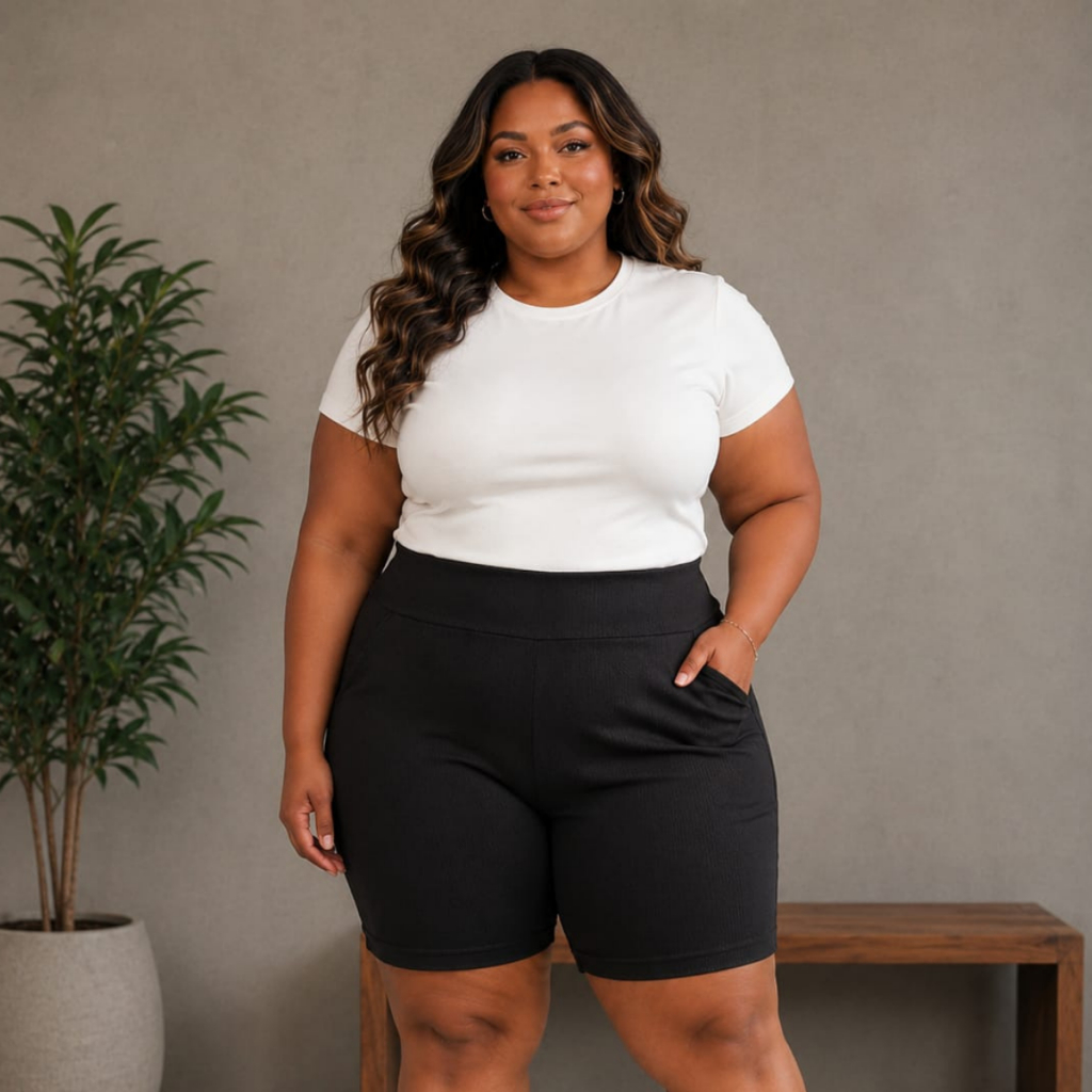 Bermuda Plus Size Feminina Malha Com Bolso Cintura Alta  Short Longo Casual Trabalho Passeio