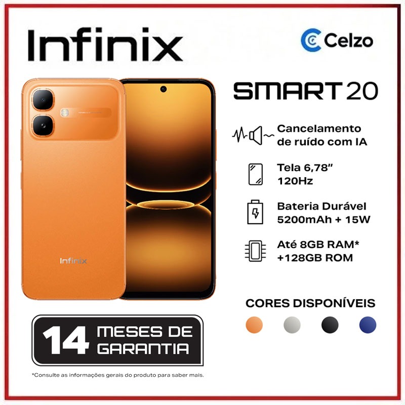 Smartphone Infinix Smart 20 128 GB+4 GB Bateria 5200 mAh Redução de Ruído por Voz Laranja Solar
