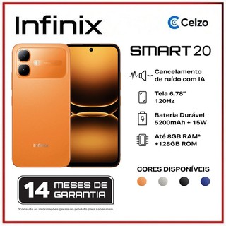 Smartphone Infinix Smart 20 128 GB+4 GB Bateria 5200 mAh Redução de Ruído por Voz Laranja Solar