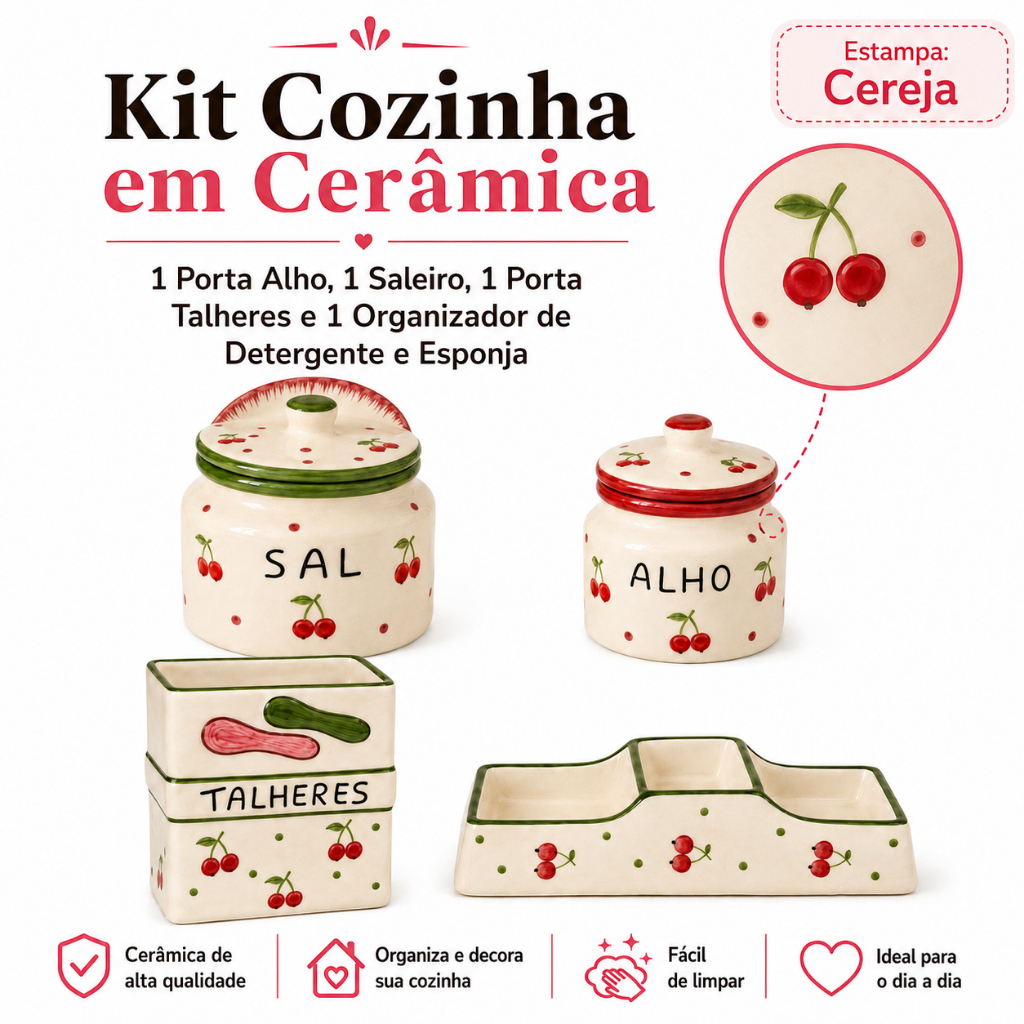 Kit 4 Cerâmica Porta Alho Saleiro Porta Talheres Organizador De Detergente Pia Cozinha Completa Mesa