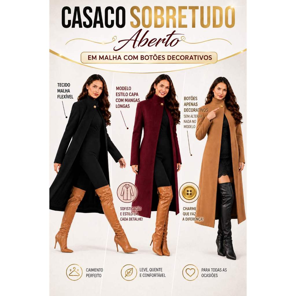 Casaco Longo Sobretudo Feminino Estilo Poncho comprido com mangas Vestido Moda Evangélica Gospel Social Social Preto