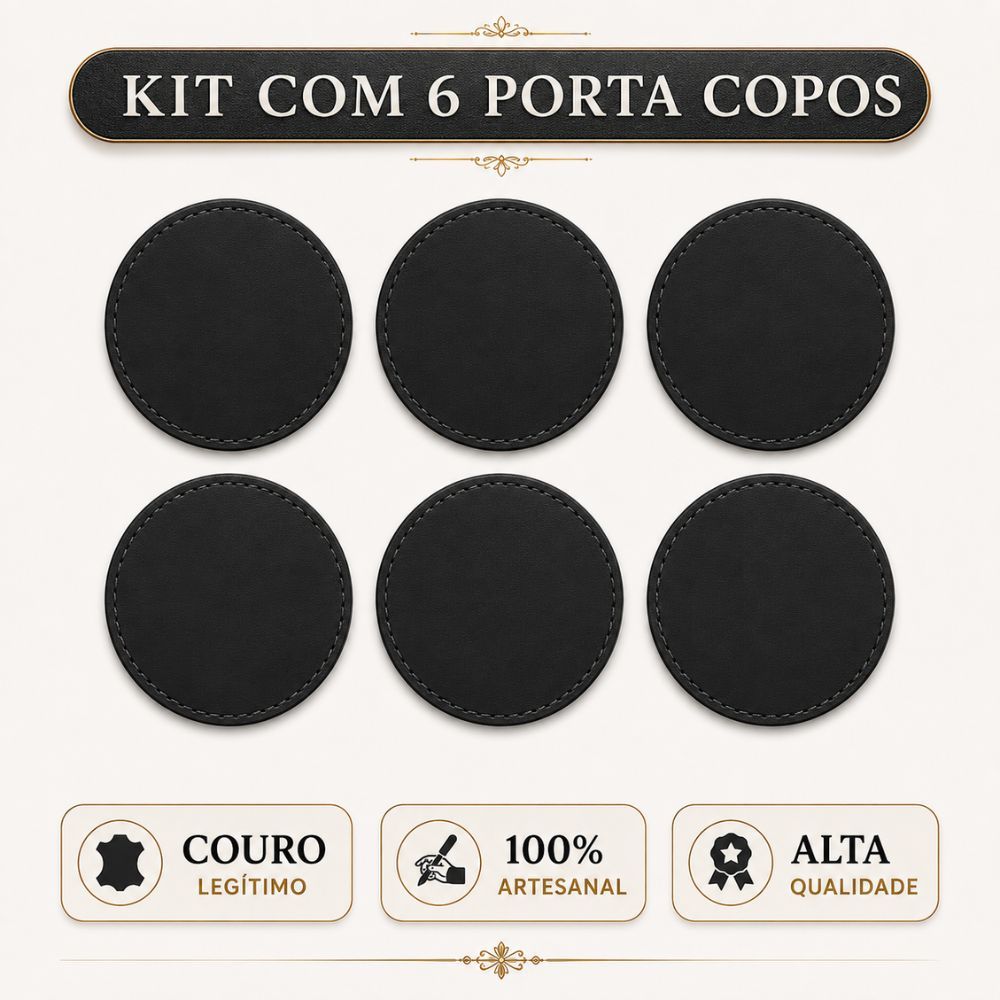 Kit 6 Porta Copos Bolacha 100% Couro Legítimo Premium Preto Descanso Cerveja Chopp Vinho Bebida Bar