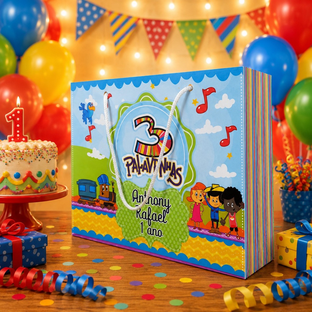 Sacolinhas 3 Palavrinhas Personalizadas – Lembrancinha Festa Mimos Infantil  (19x15x6)