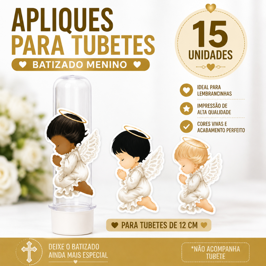 15 Apliques para Tubete Batizado Menino Anjinho | Lembrancinha Batizado